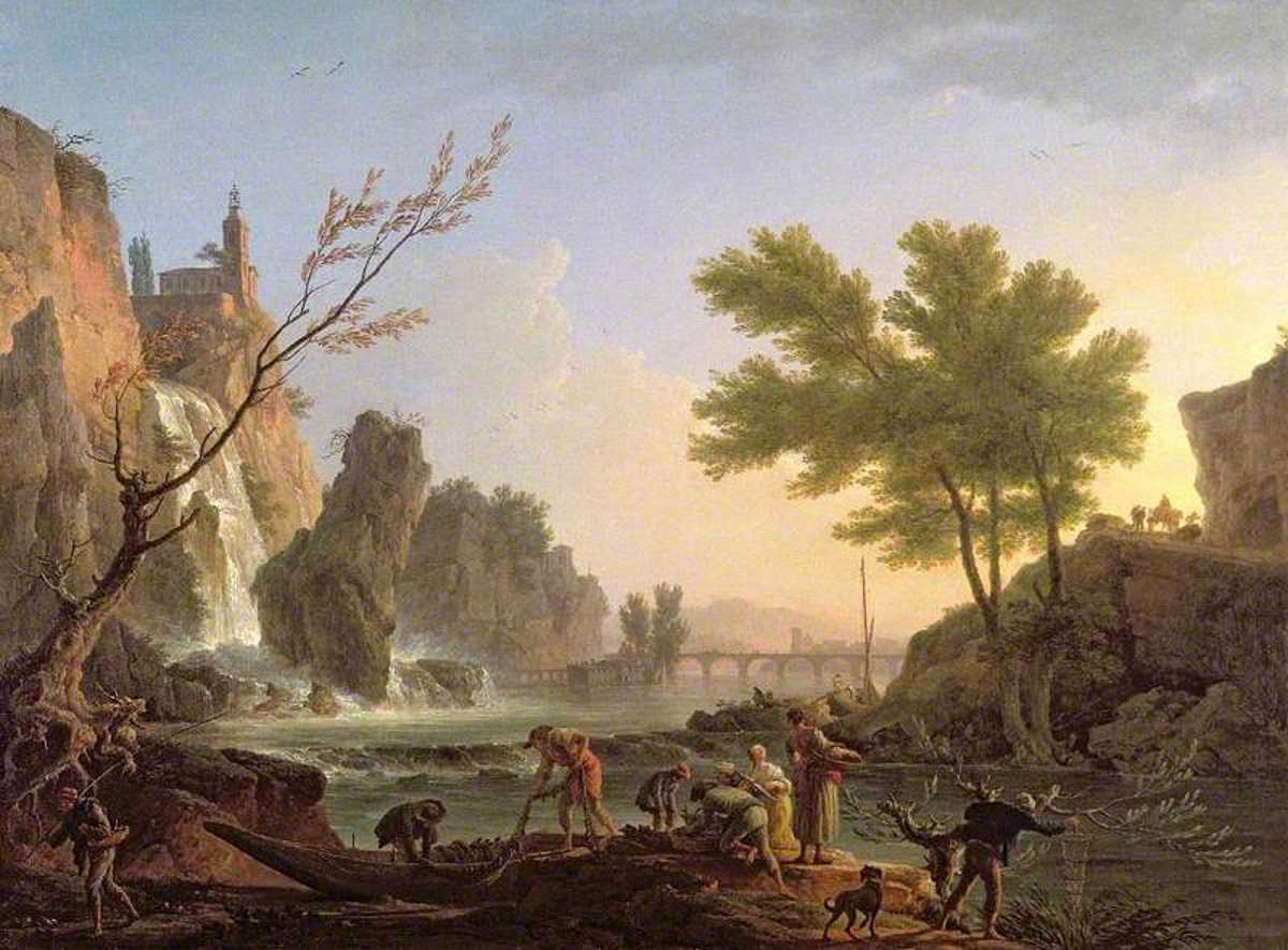 Vernet, Claude-Joseph, 1714-1789; Fishermen in a Landscape with a Cascade and a Bridge